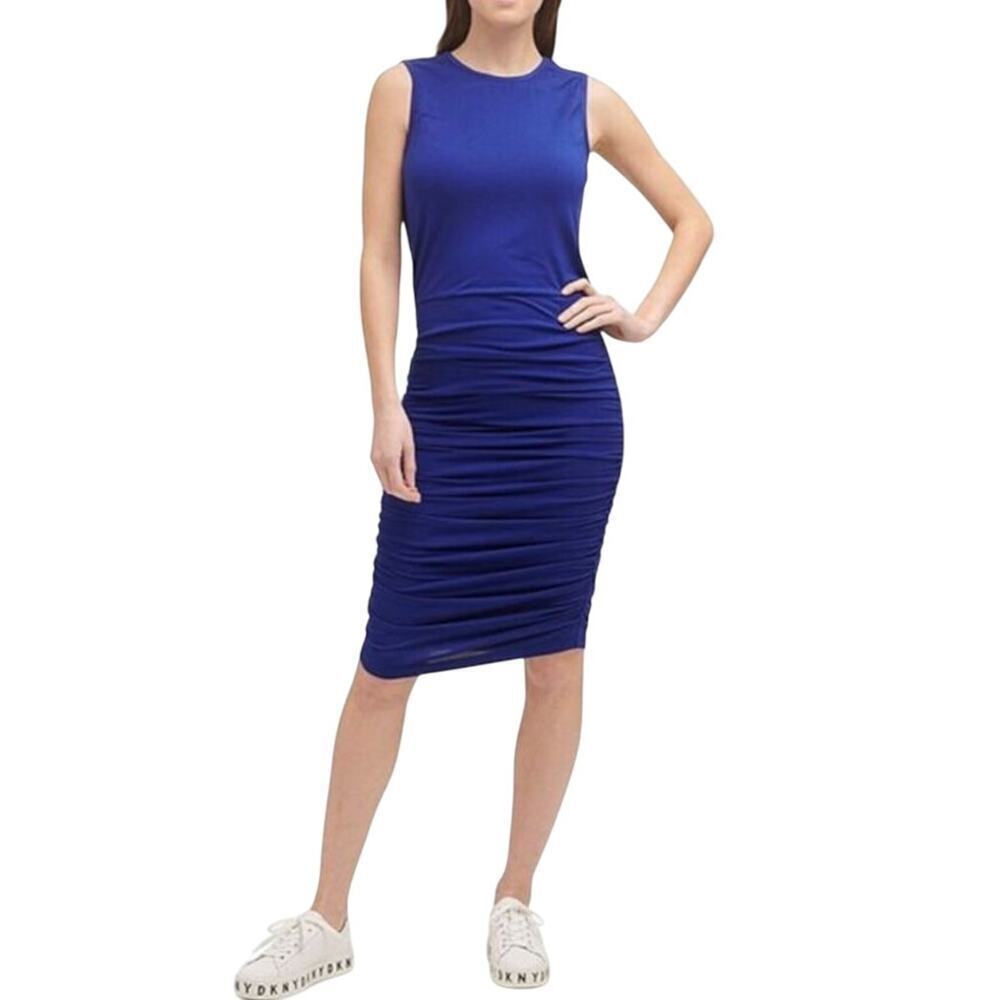 DKNY Royal Blue Ruched Sleeveless Stretch Bodycon Midi Dress Large NWT